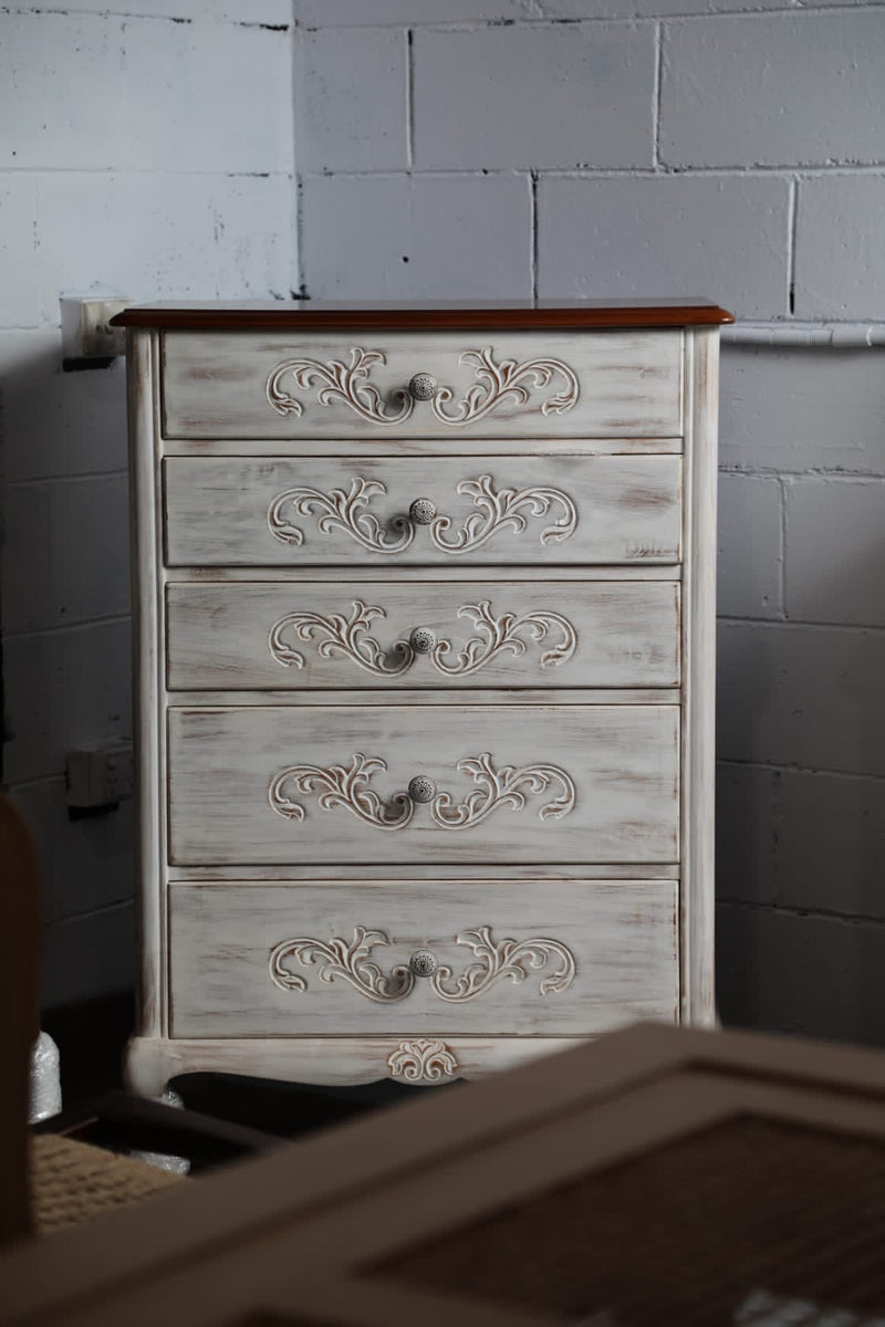 Whitewashed Carved 5-Drawer Chest