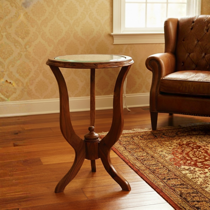 Carved Wooden Glass-Top Side Table